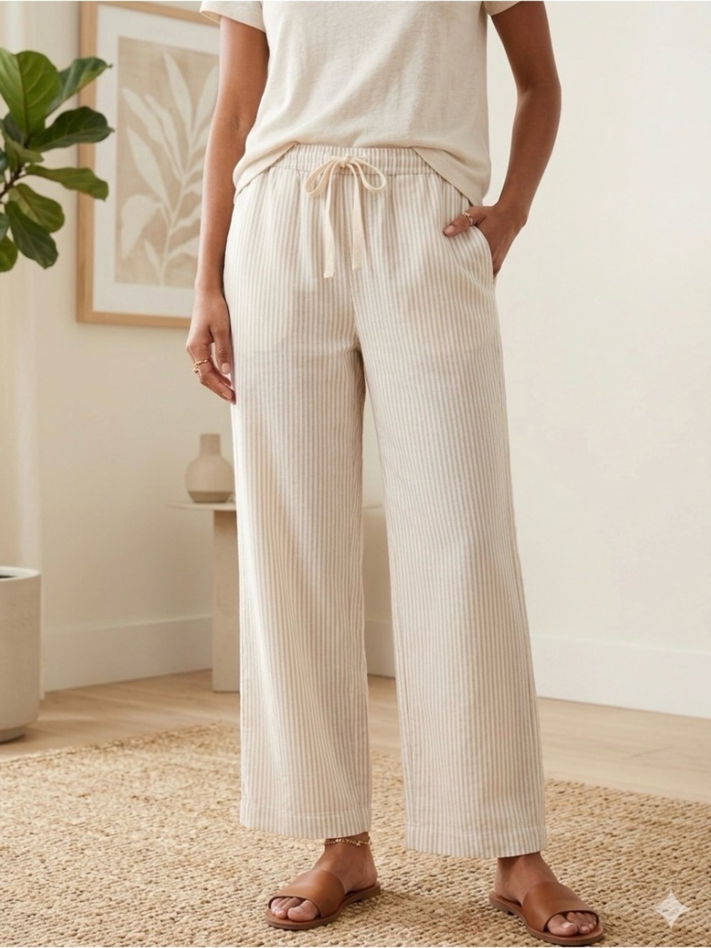 Old Navy High Waisted Linen/Cotton Wide-Leg Drawstring Striped Pants Large